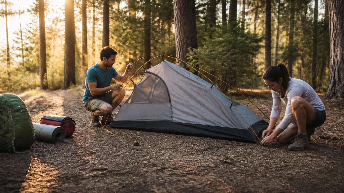 Two campers kneeling on a flat, level forest clearing, one holding a tent pole while the other stakes out the corners of a low-profile two-person tent at golden hour