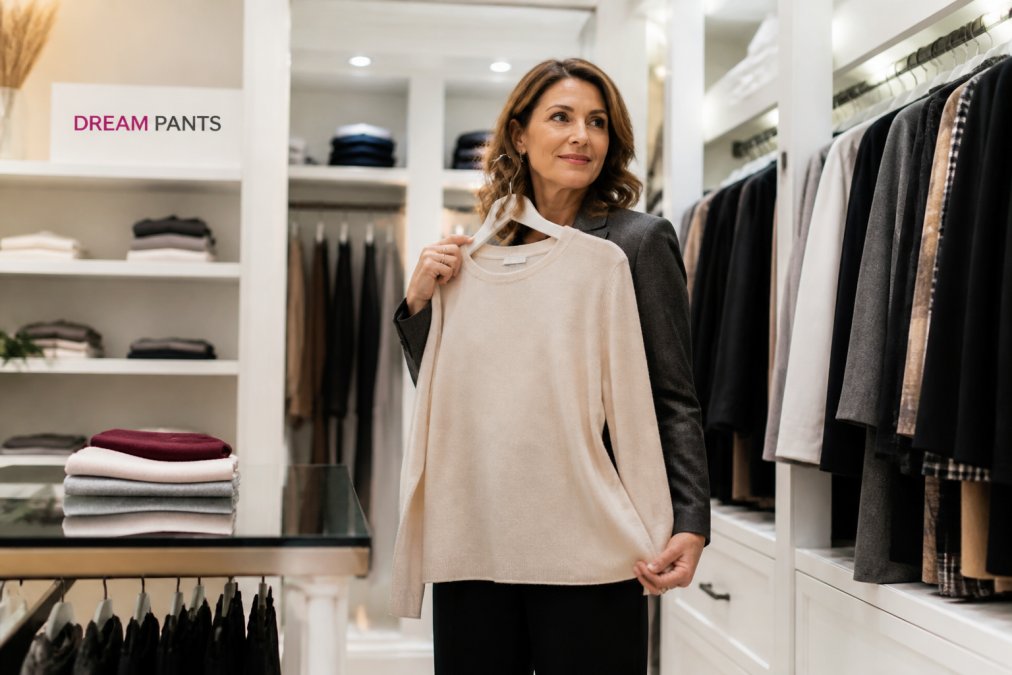 A professional woman in her 40s standing in a bright, modern closet, holding a high-quality Canadian-made top against herself, with other timeless wardrobe staples visible on the racks behind her