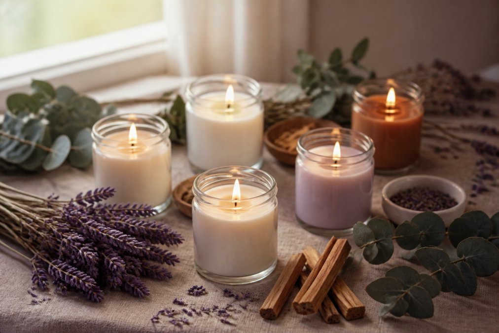 A flat-lay arrangement of several lit glass jar candles surrounded by dried lavender sprigs, sandalwood sticks, and eucalyptus leaves on a linen surface, with soft warm ambient lighting from a nearby window