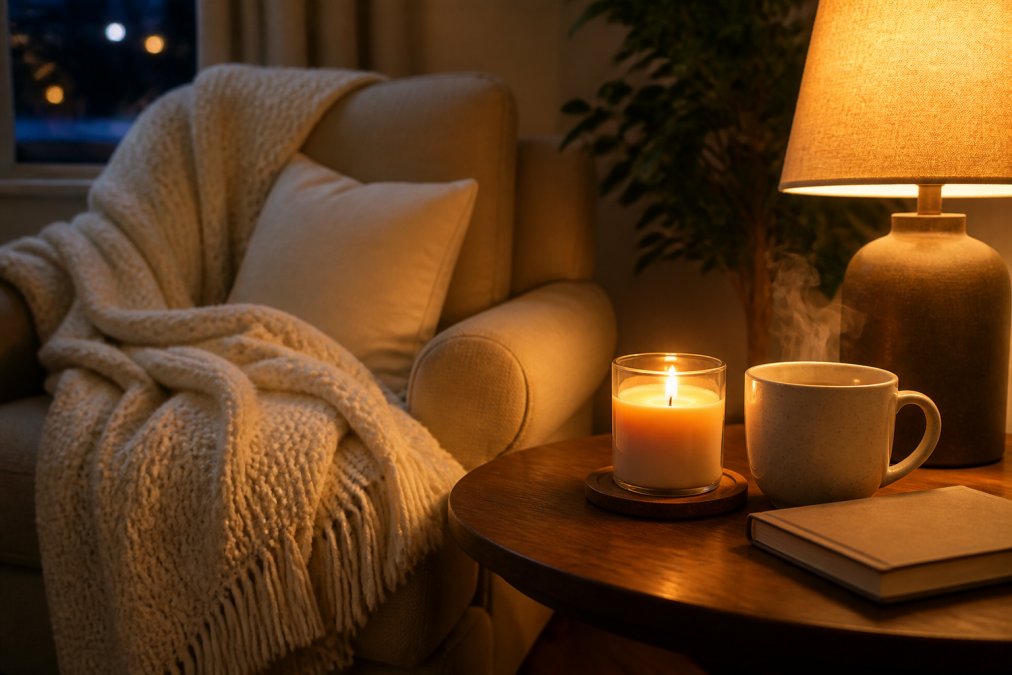 A cozy living room corner with a lit scented candle in a glass jar on a wooden side table, a soft cream throw blanket draped over an armchair, a steaming mug on the table, and warm amber lamp light creating a calm, intimate atmosphere