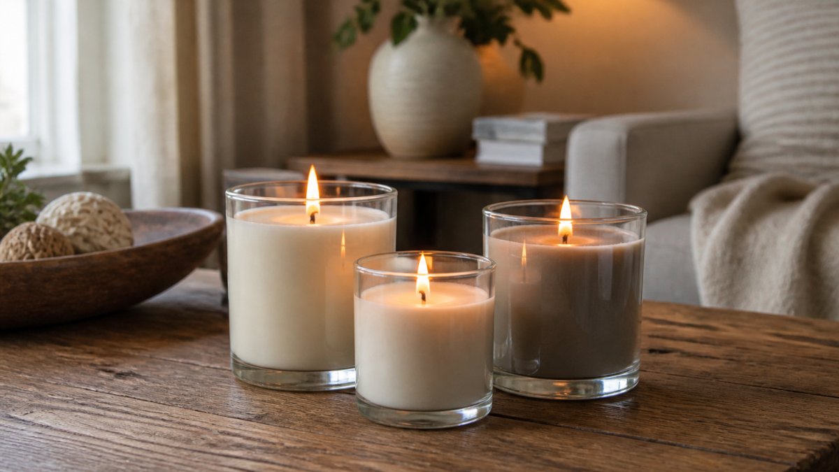 Three lit luxury soy candles arranged on a wooden table with warm glow and soft shadows, cozy home interior background with neutral decor