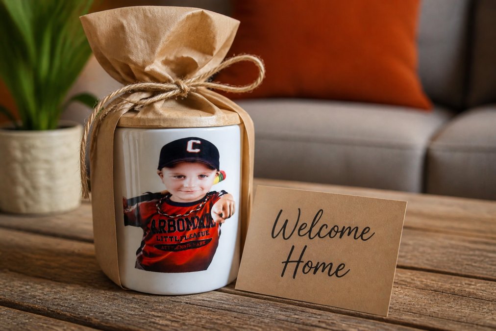 Close-up of a personalized candle with a custom photo label showing a family portrait, the candle wrapped in natural kraft paper tied with twine, resting on a rustic reclaimed wood table next to a small handwritten card that reads 'Welcome Home' in soft warm indoor lighting