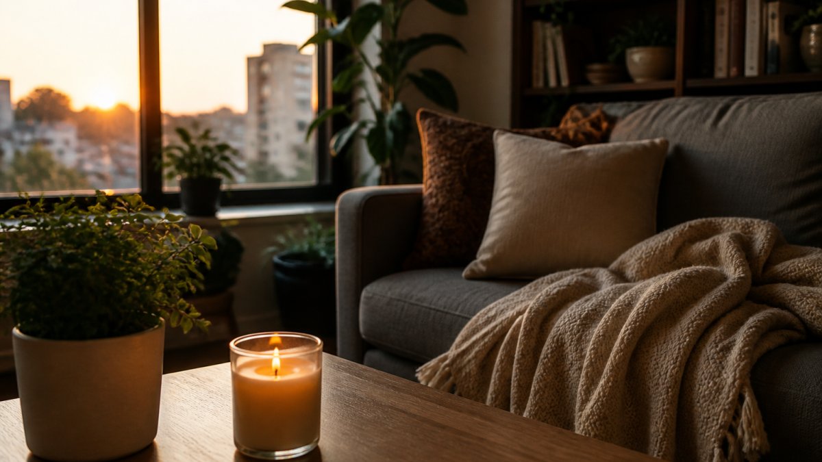A small apartment living room with a lit 8oz candle on a coffee table, a cozy blanket on a sofa, and warm evening light coming through a window