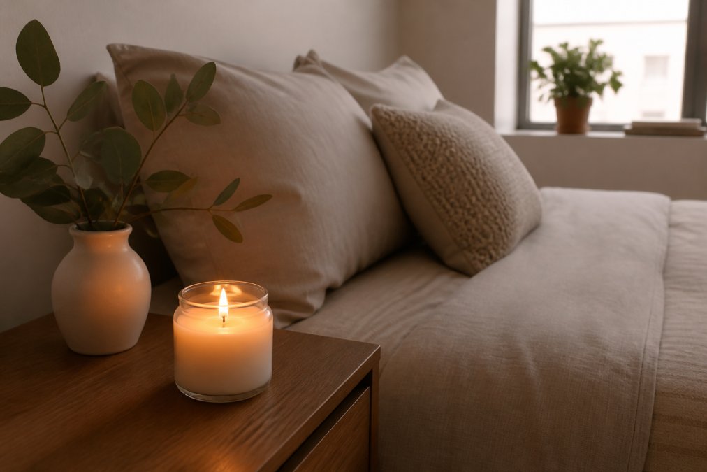Cozy small apartment bedroom with a lit hand-poured candle on a wooden nightstand, soft warm glow illuminating the compact space with neutral bedding and minimalist decor