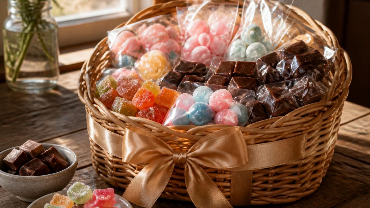 A woven wicker gift basket on a rustic wooden table, filled with individually wrapped bite-sized candies, gummy cubes, and chocolate squares, tied with a satin ribbon, soft afternoon window light