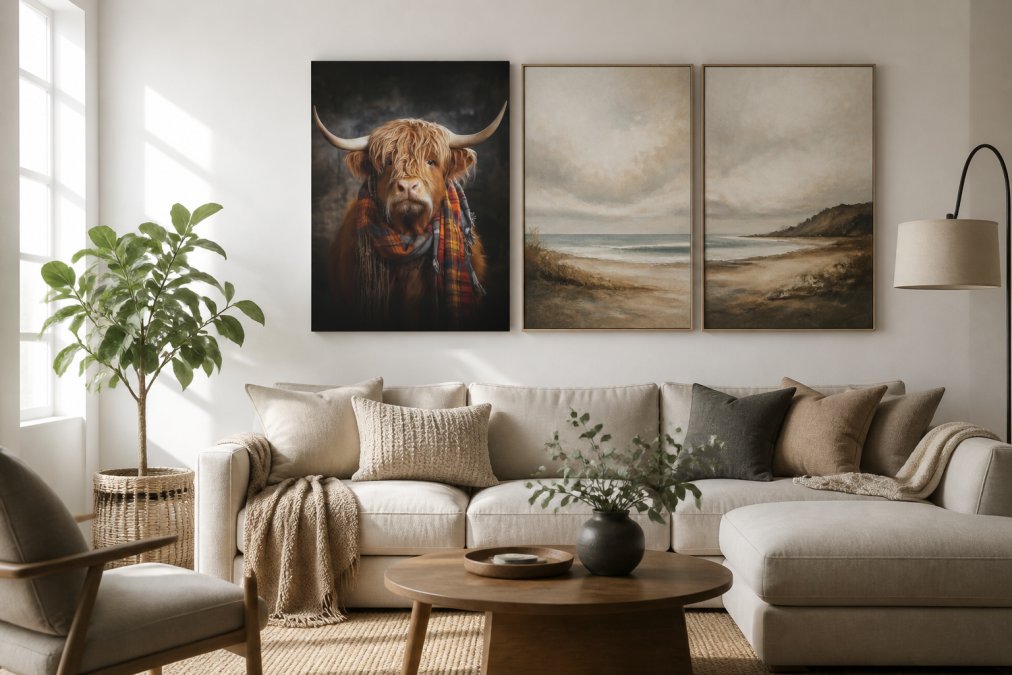 Modern living room with white walls displaying three canvas art pieces including a Highland stag portrait and abstract coastal landscape, natural daylight streaming through windows, comfortable seating arranged below the artwork