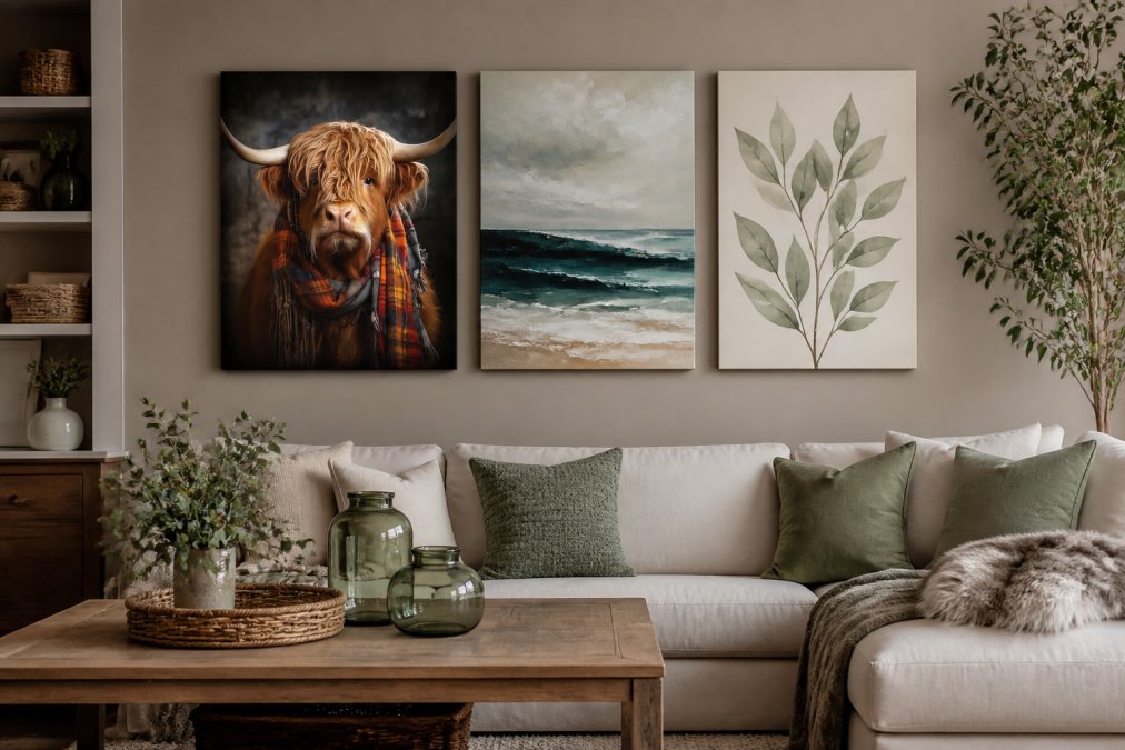 Gallery wall arrangement showing three canvas prints with coordinated earthy and vibrant tones, a Highland stag in rich jewel tones, an abstract coastal piece in cool blues, and a botanical print in sage green, demonstrating visual balance and color harmony in a styled interior