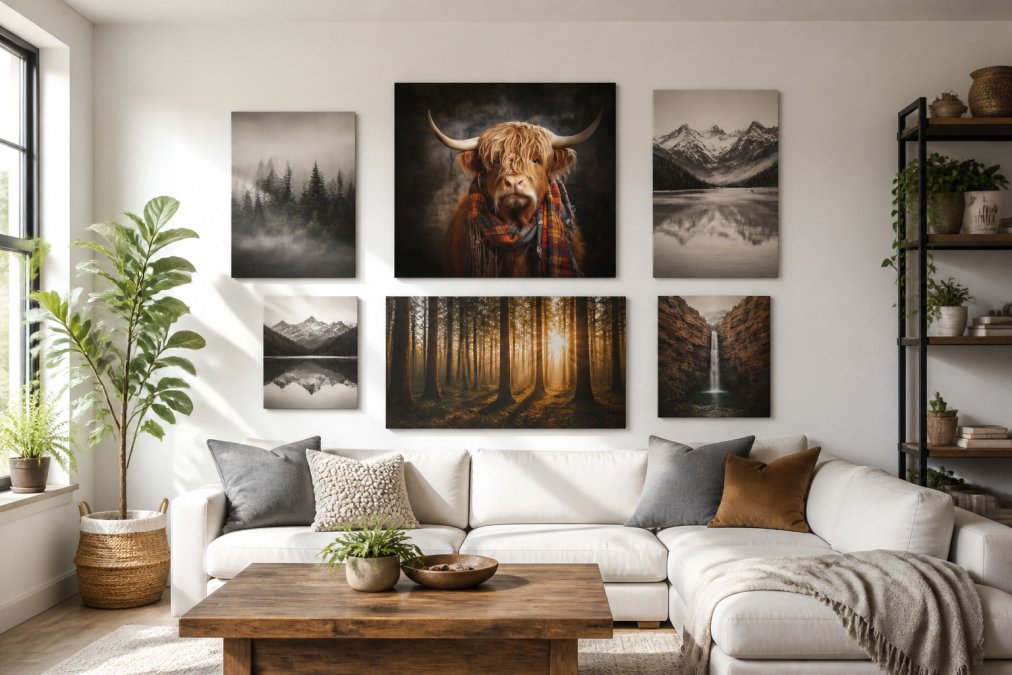 Modern apartment living room with multiple canvas prints arranged in a gallery wall layout, showing proper spacing and alignment on a neutral white wall with natural daylight streaming through windows