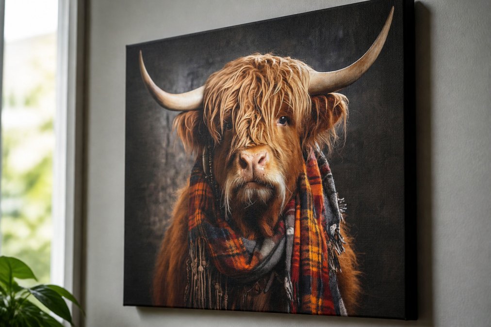Close-up of a framed canvas art print hanging on an apartment wall, showing texture detail and vibrant color vibrancy in natural daylight from a nearby window