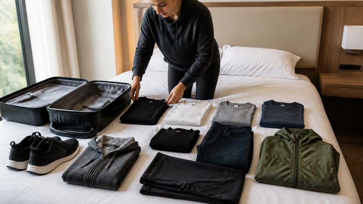 Traveler laying out a week of capsule wardrobe essentials on a bed beside an open carry-on suitcase
