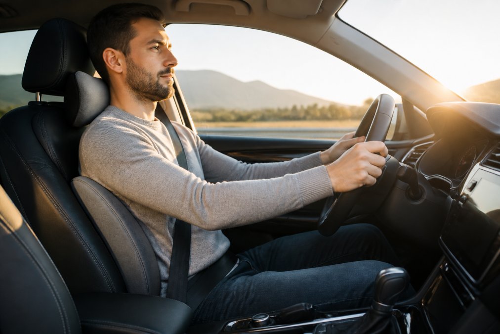 Driver sitting upright in car seat with memory foam cushion providing lumbar support, neck pillow in place, hands relaxed on steering wheel, early morning light streaming through windshield