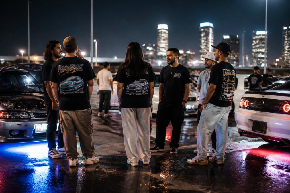 A group of young adults at a late-night car meet wearing graphic tees with bold automotive designs, standing near modified cars with neon underglow, city lights reflecting off paintwork