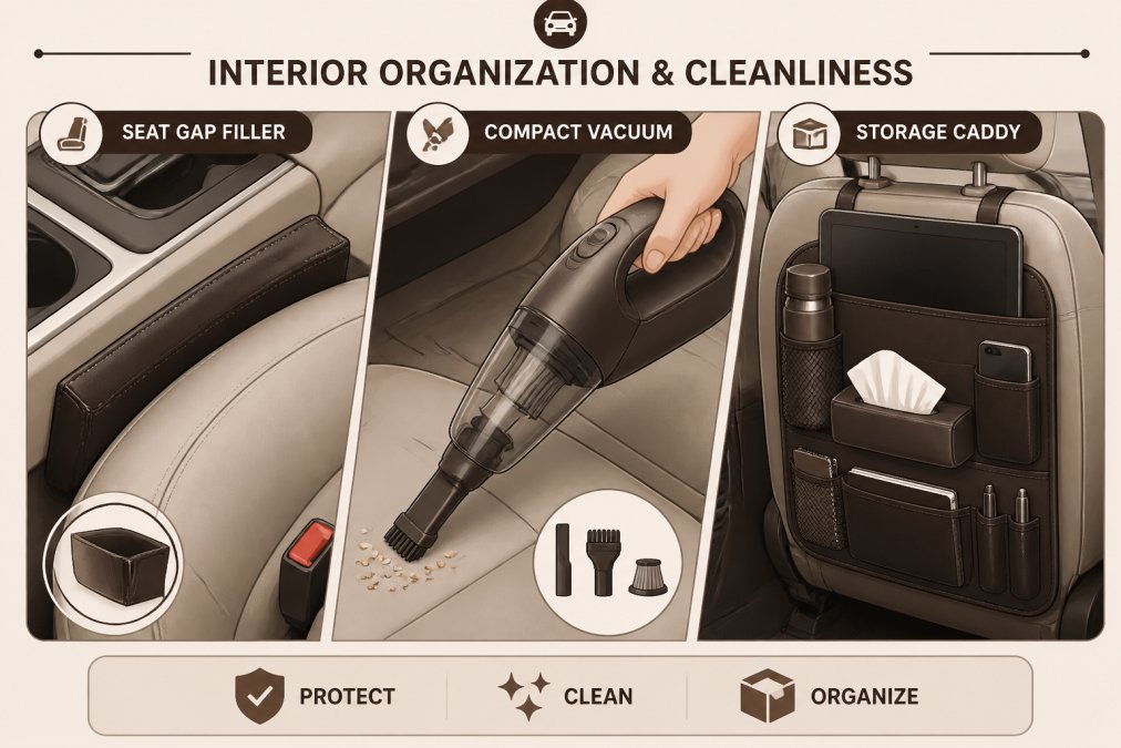 Close-up of a car interior showing a seat gap filler in use, a compact vacuum cleaner being held, and an organized storage caddy on the back of a front seat with natural interior lighting