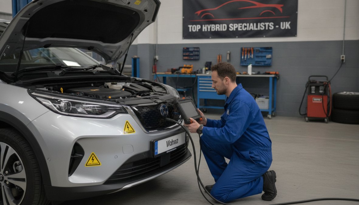 A certified technician in a clean, well-lit professional garage workshop connecting yellow diagnostic cables to a hybrid vehicle's high-voltage battery system, with bright overhead fluorescent lighting and orange high-voltage warning labels visible on the car's components