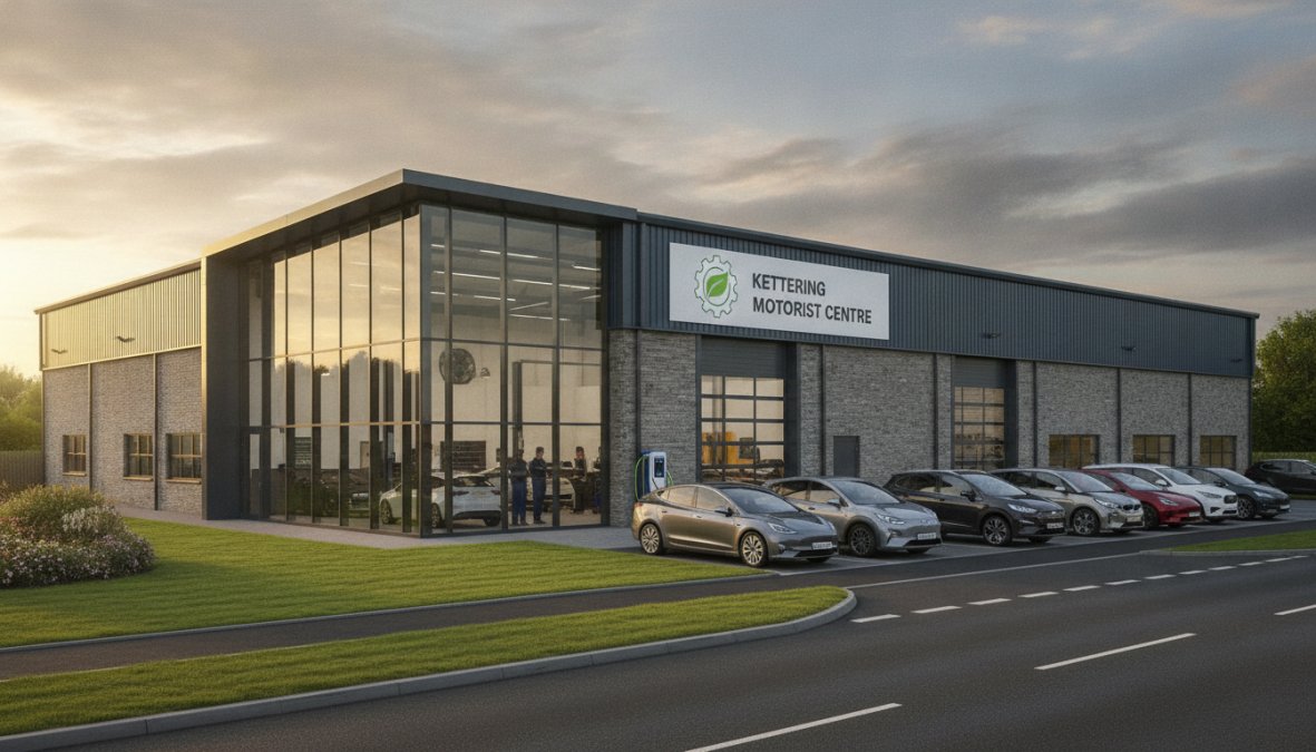 Exterior of a friendly family-run independent garage in Kettering with a smiling technician standing beside a modern silver hybrid car in a clean forecourt, warm afternoon sunlight, welcoming signage visible above the workshop entrance