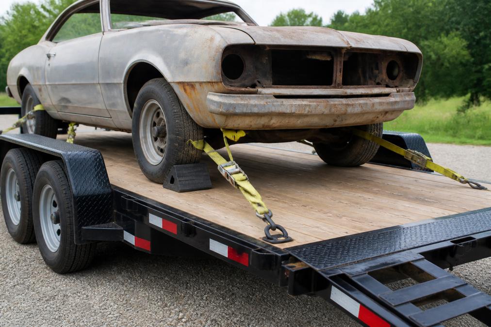 Close-up of a non-running restoration car secured on a car hauler with multiple tie-down points, ramps, and wheel chocks visible during loading