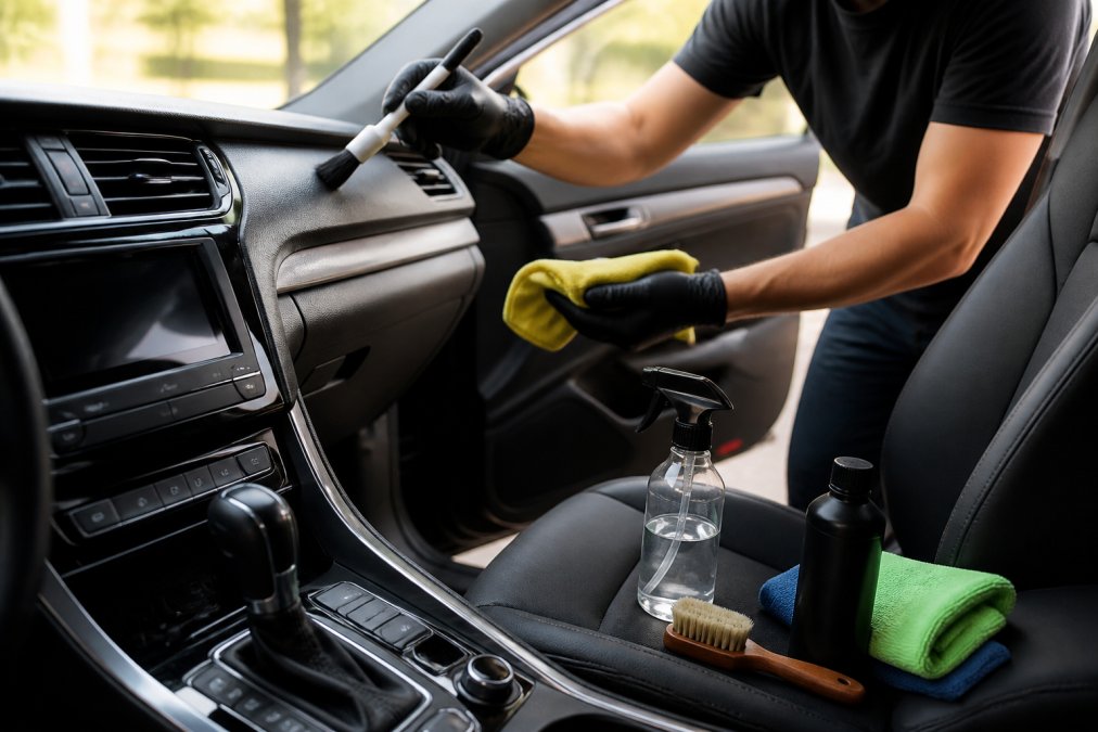 Person using a detailing brush and microfiber towel for car interior cleaning on a dashboard and console