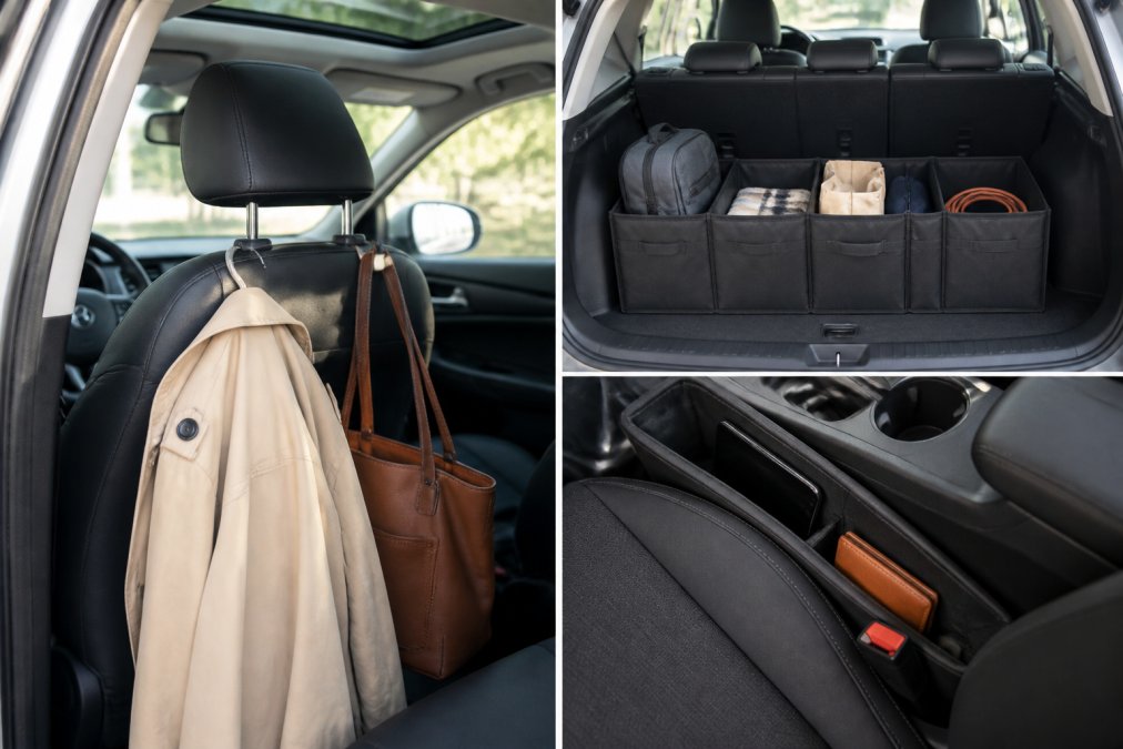 Well-organized car interior with headrest hooks holding a jacket and small bag, compartmentalized trunk storage visible with items neatly arranged, and a gap filler organizer between front seats, natural daylight streaming through windows