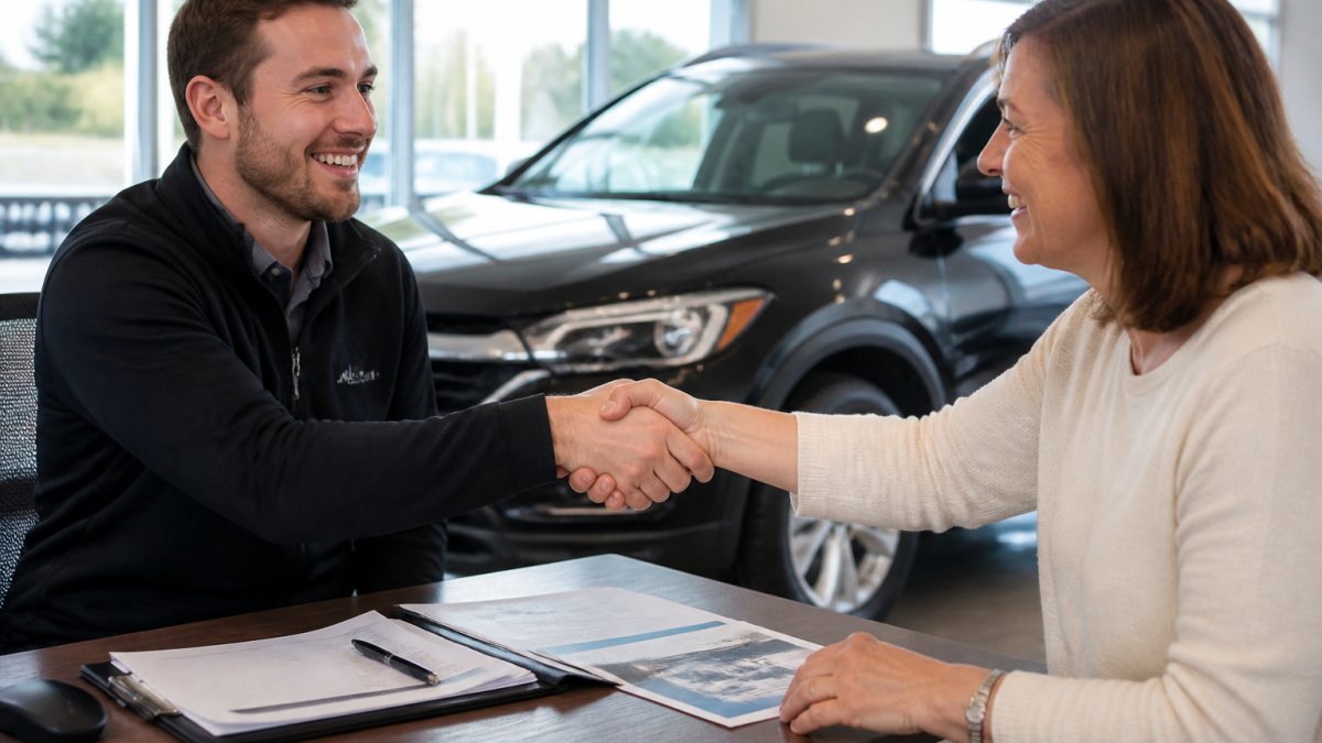 Professional sales representative and customer shaking hands at a dealership desk with paperwork and a vehicle visible through the window in the background, natural daylight