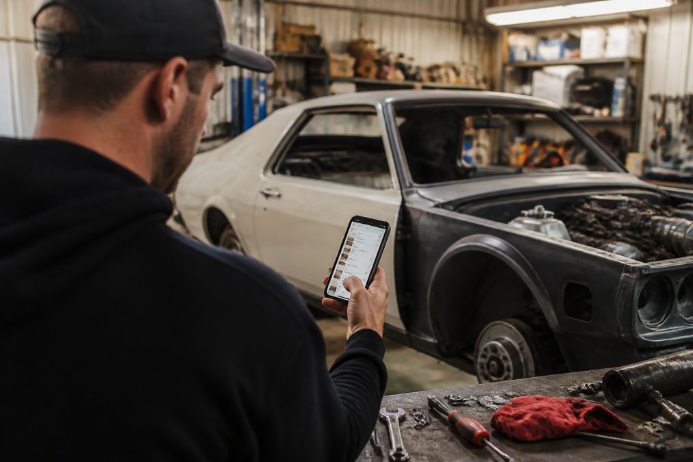 A person holding a smartphone displaying a car maintenance app with service history and mileage data, while standing next to a project car in a garage with tools on a workbench