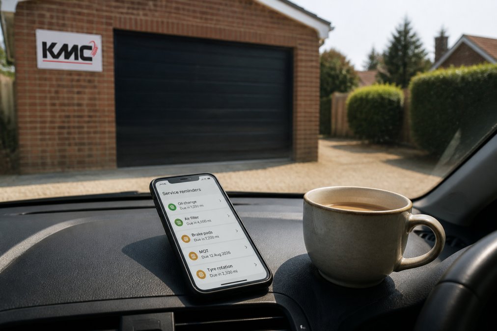 A smartphone resting on a car dashboard showing a clean app interface with service reminders, next to a cup of tea in a sunlit UK driveway