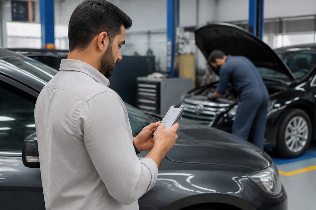 A person standing beside their car in a Dubai garage, holding a smartphone and comparing repair quotes on screen while a mechanic works in the background