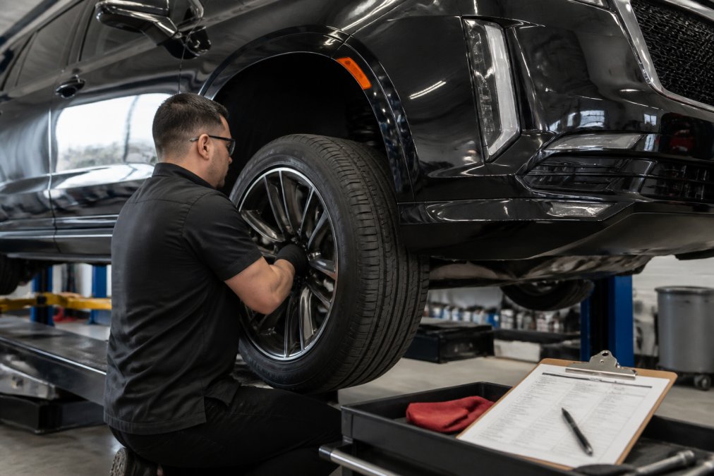 A certified technician in a clean, modern auto shop performing a tire rotation on a Cadillac SUV, with a clipboard showing a maintenance checklist nearby