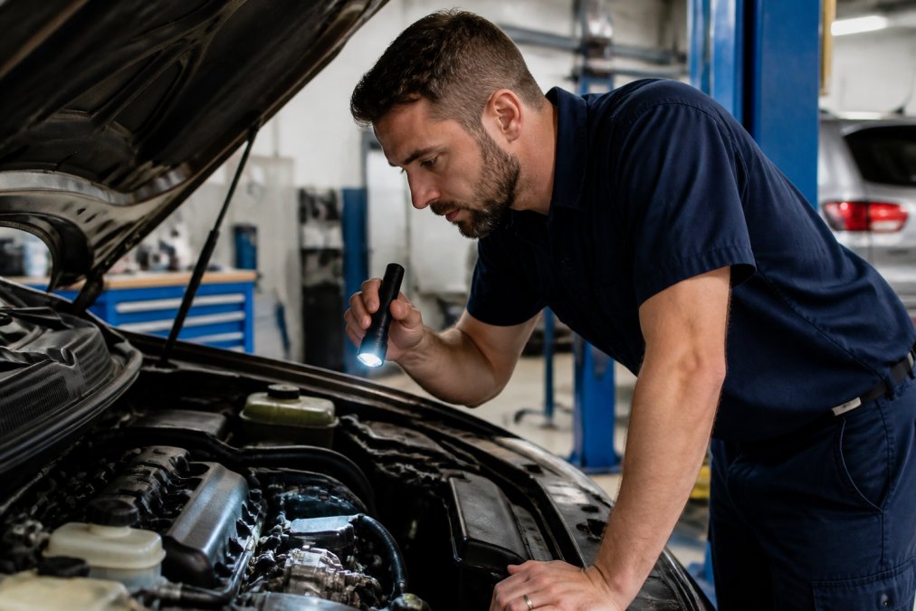 An ASE-certified mechanic in a clean navy shop uniform inspecting under the hood of a sedan with a flashlight, checking fluid levels in a well-lit automotive bay