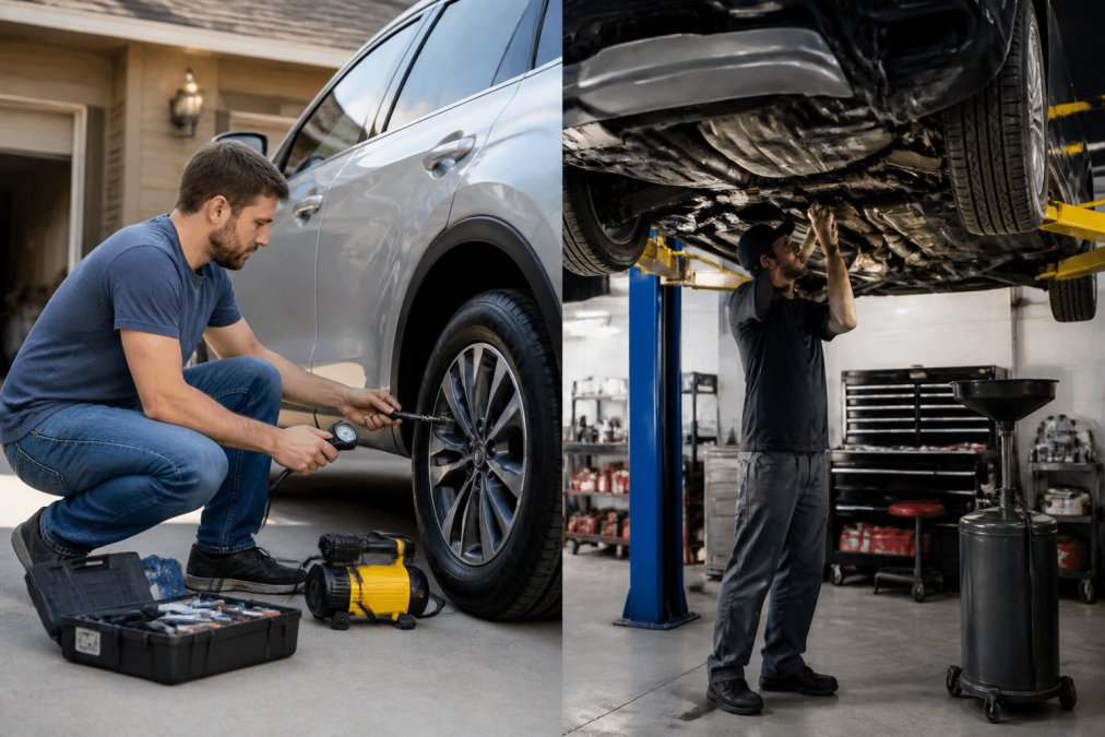 A vehicle owner in jeans and a t-shirt checking tire pressure with a gauge in a sunny residential driveway, with an open toolbox and tire inflator on the concrete beside the car