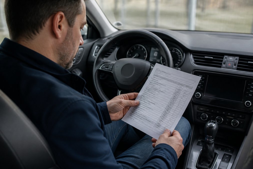 Car owner reviewing maintenance records and service history on a smartphone while sitting in their vehicle's driver's seat, dashboard visible in background with natural sunlight streaming through the windshield