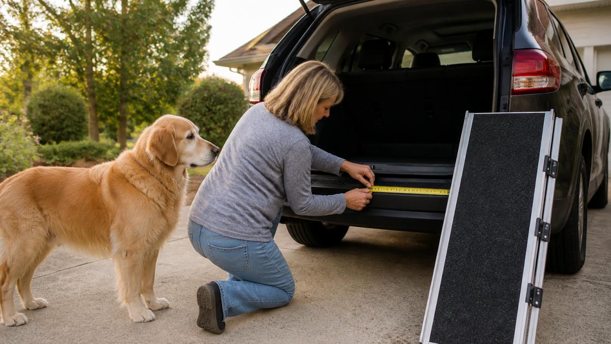 Owner measuring the bumper height of an SUV while their senior golden retriever waits patiently nearby.