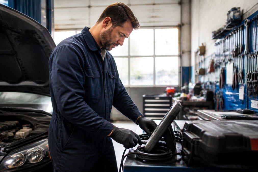 Professional mechanic in automotive service center performing vehicle diagnostics with modern diagnostic equipment visible on workbench, organized tool storage in background, natural lighting from shop windows