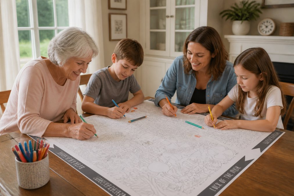 A multi-generational family, grandmother, parent, and two children aged 5 and 9, seated around a large wooden dining table working together on a giant coloring sheet, using markers and colored pencils, with natural afternoon light streaming through a nearby window