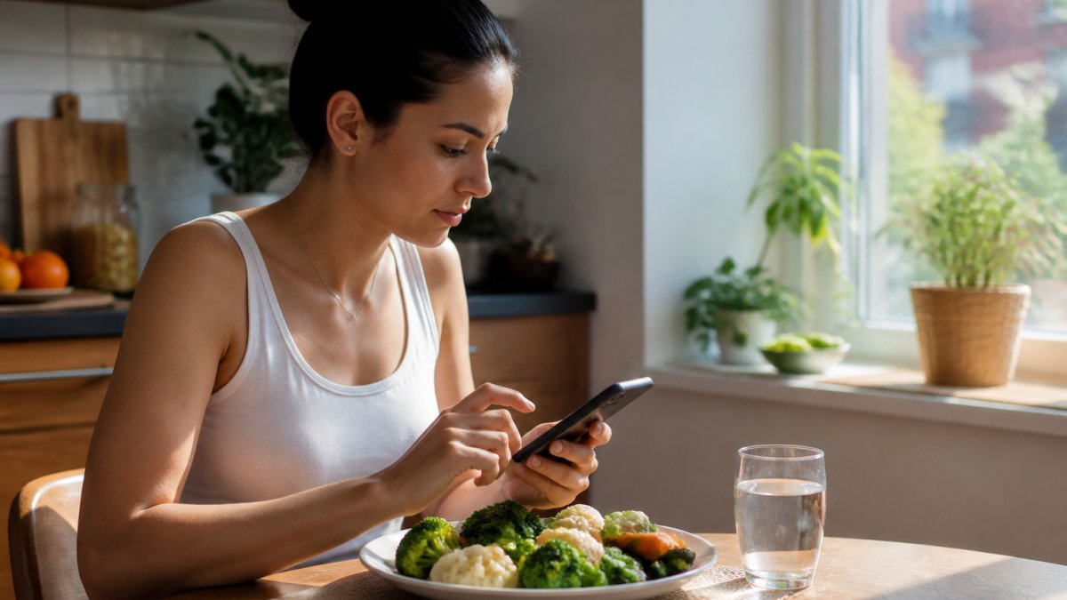 A person at a kitchen table logging a meal on their smartphone, with a plate of steamed vegetables and a glass of water nearby, soft morning light through a window