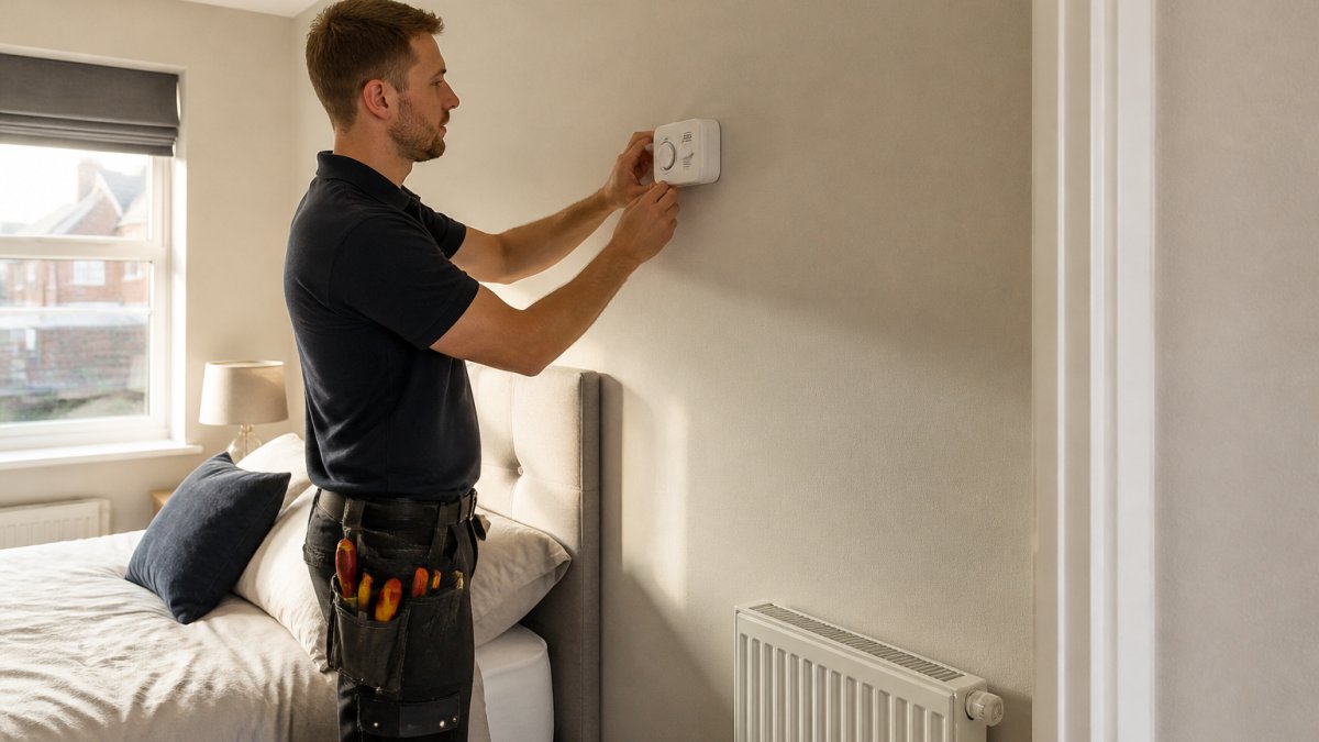 Professional technician mounting a carbon monoxide detector on a bedroom wall near a radiator at proper installation height in a modern apartment, demonstrating correct placement positioning
