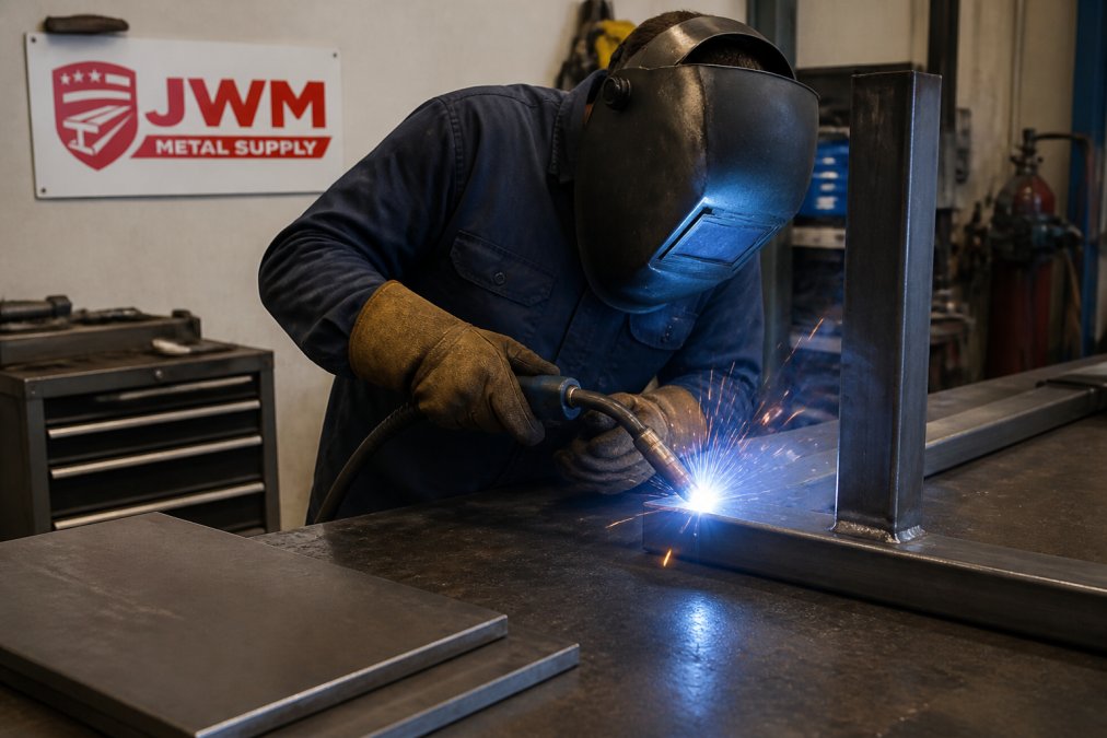 Welder using a MIG torch to join a steel plate to a square tube frame in a home workshop with visible sparks