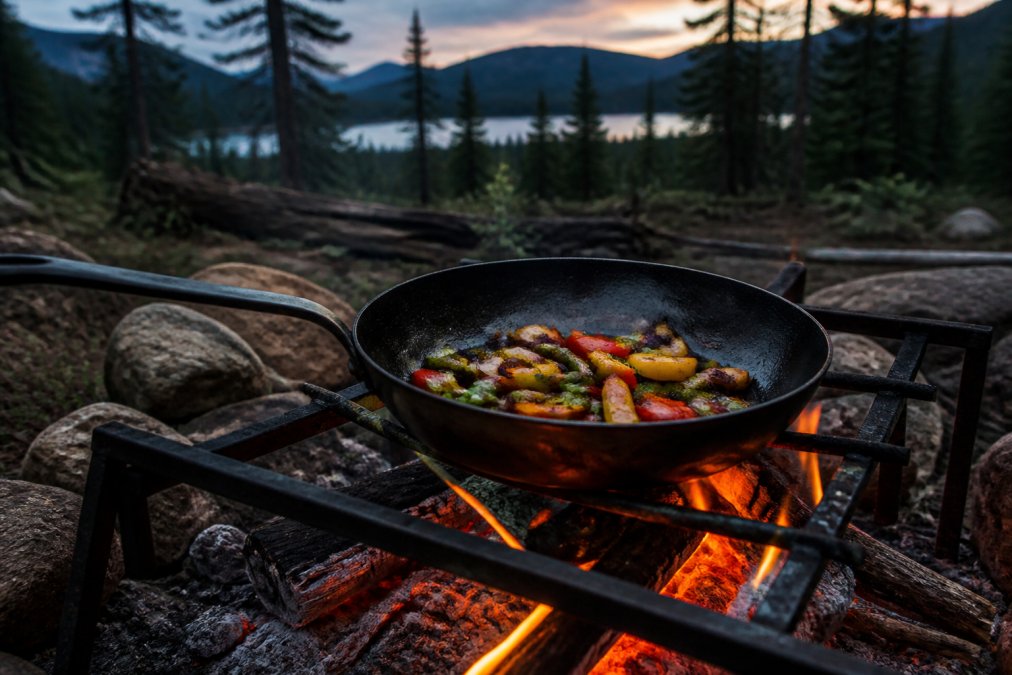 A seasoned carbon steel skillet sitting directly on glowing orange campfire coals at dusk, with sizzling vegetables visible in the pan and a forest campsite with pine trees blurred in the background