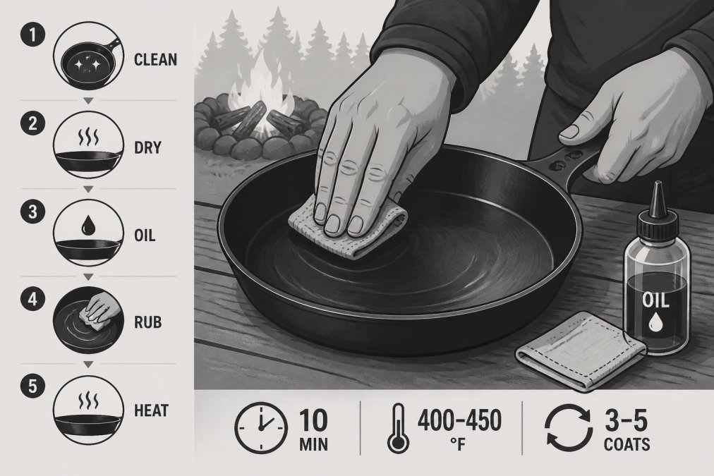 Close-up of a person's hands rubbing a thin layer of oil into a dark carbon steel pan on a wooden camp table, with a small cloth and an oil bottle visible nearby and a campfire glowing softly in the background