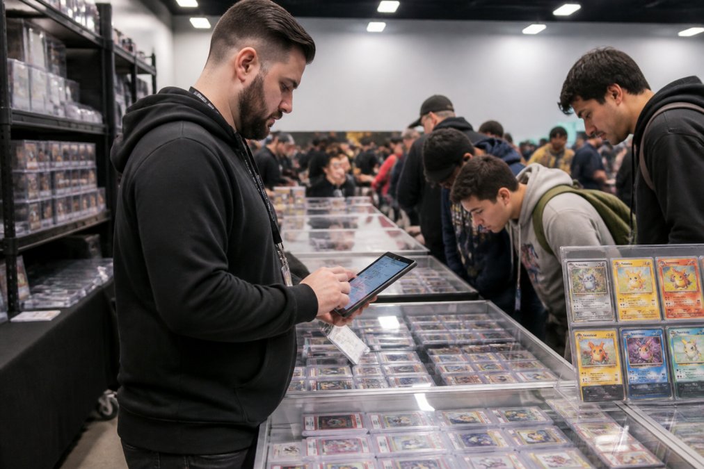 Card dealer checking inventory on an iPad at a convention booth filled with graded sports and Pokémon cards