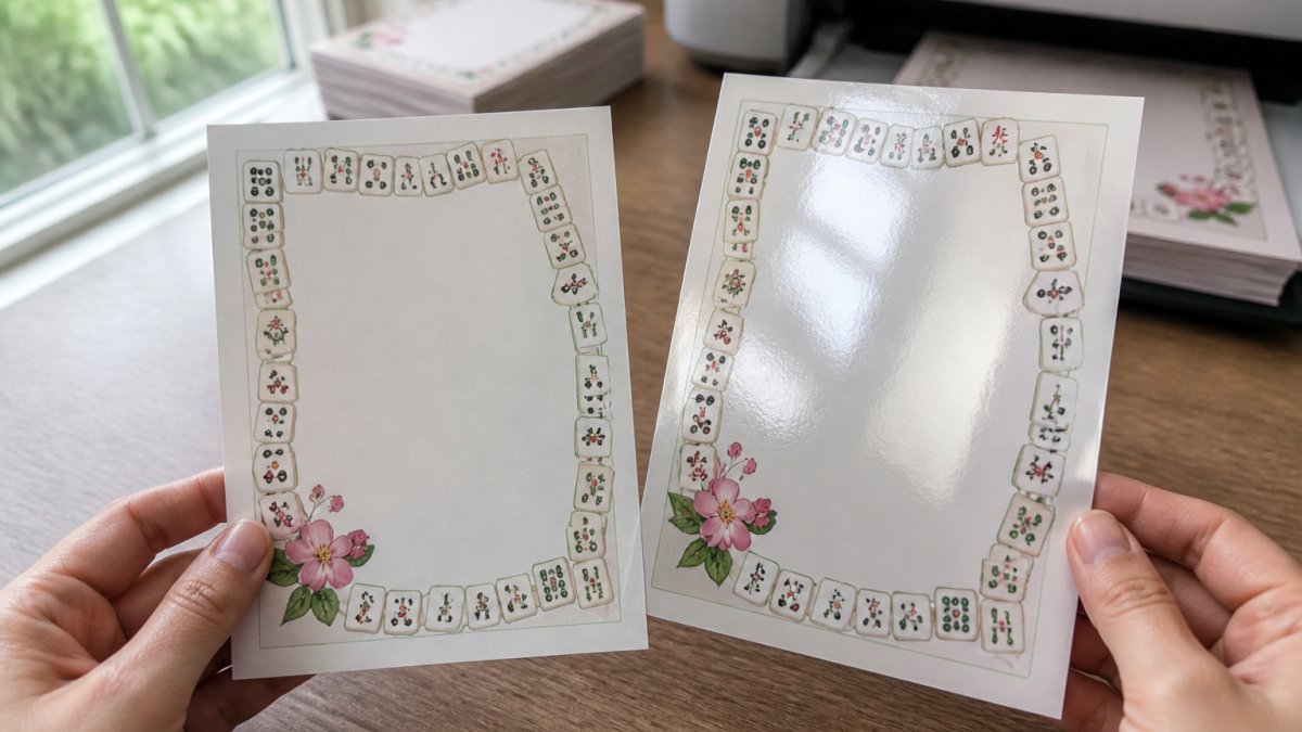 Hands holding matte and glossy printed cards near a window with a home printer in the background