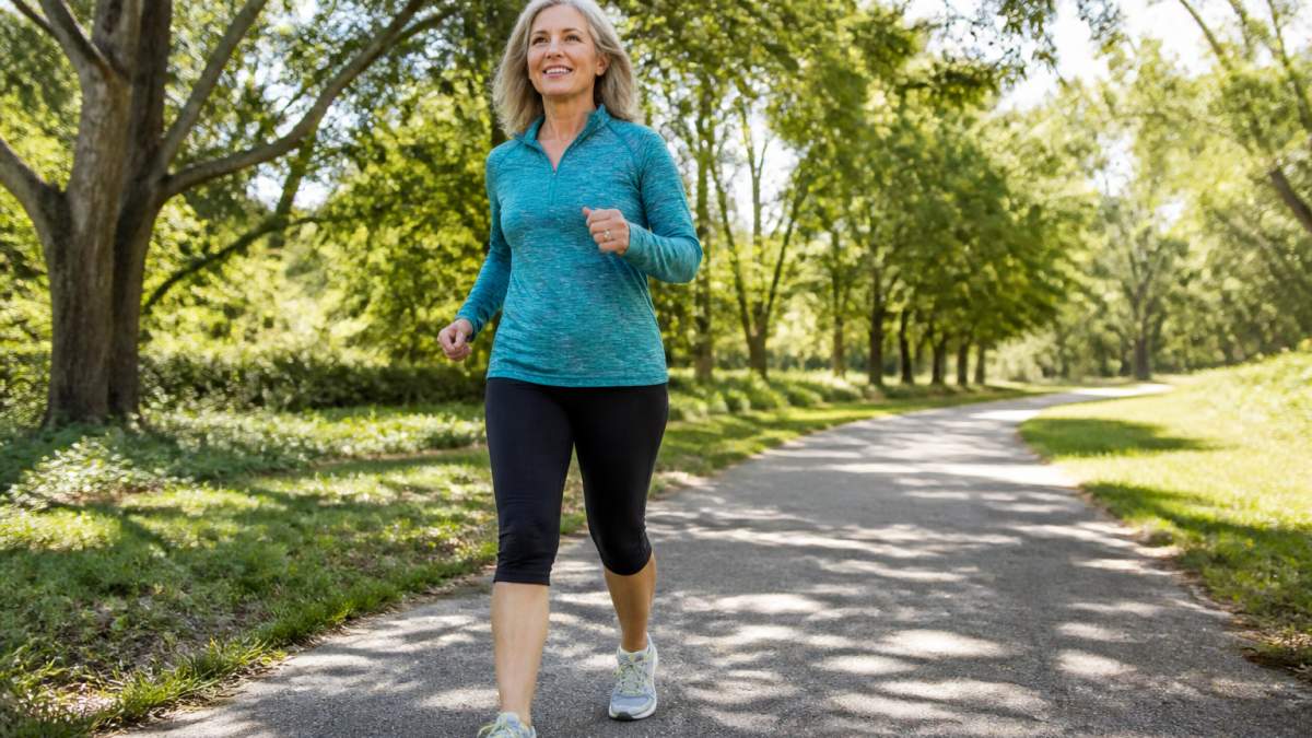 A woman in her 50s walking briskly on an outdoor path in a sunny park, wearing comfortable athletic clothes and walking shoes, smiling and looking ahead with determination