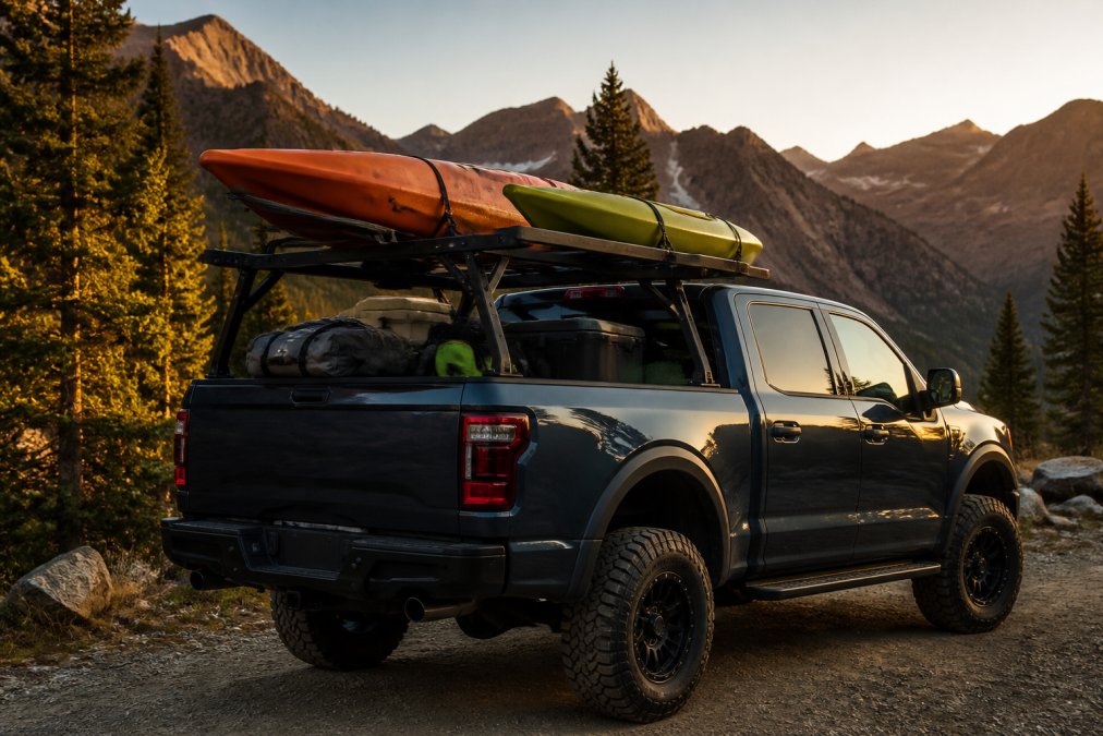 Full-size pickup truck equipped with a heavy-duty bed rack system loaded with two kayaks, camping tent, cooler, and adventure gear, parked at a scenic mountain trailhead at golden hour