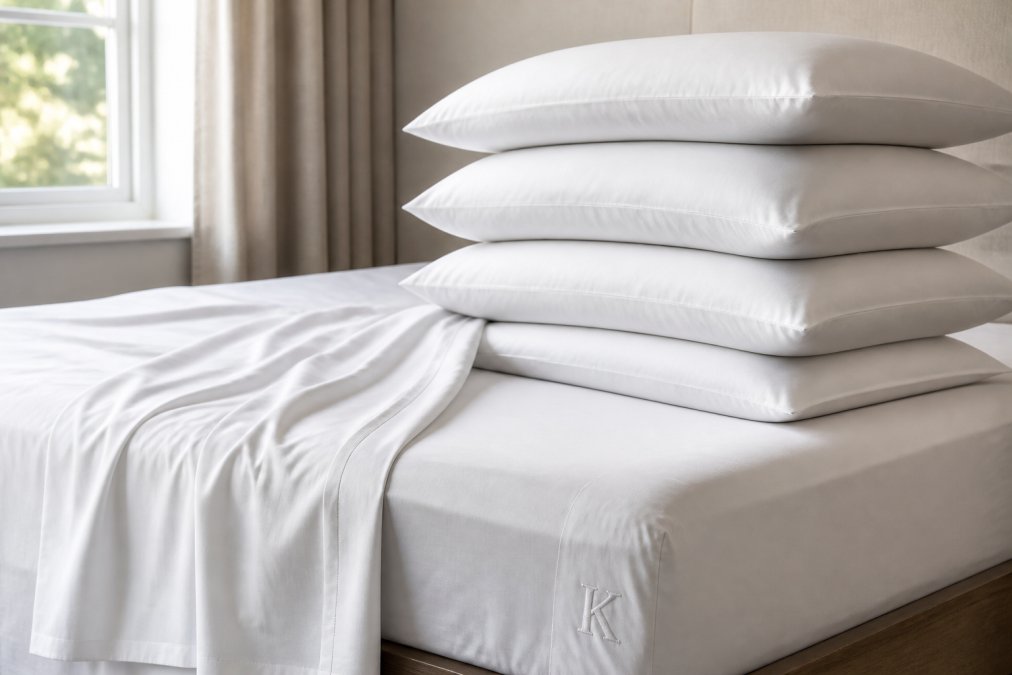 Close-up of a neatly made bed with soft white bamboo viscose sheets and four stacked pillows, showing the corner of the fitted sheet with an embroidered size label in natural morning light