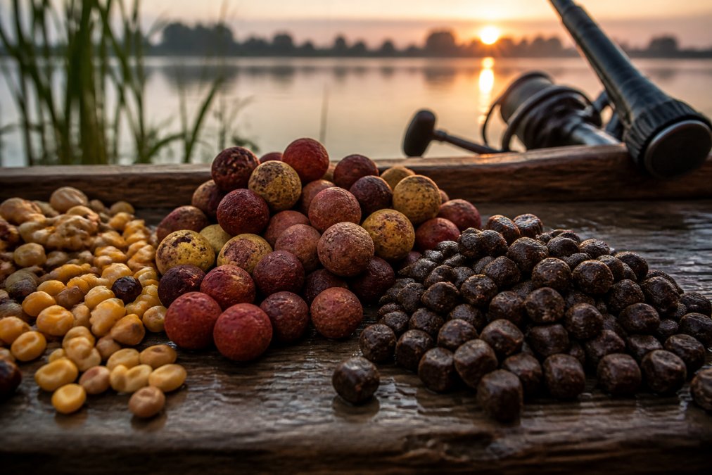 Close-up of various carp baits including boilies, particles and pellets arranged on a wooden bank stick holder beside a lake at dawn