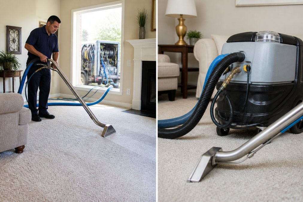 Professional technician operating truck-mounted hot water extraction equipment inside a residential living room, with the cleaning wand actively treating light-colored carpet fibers, hose running from the window to external equipment