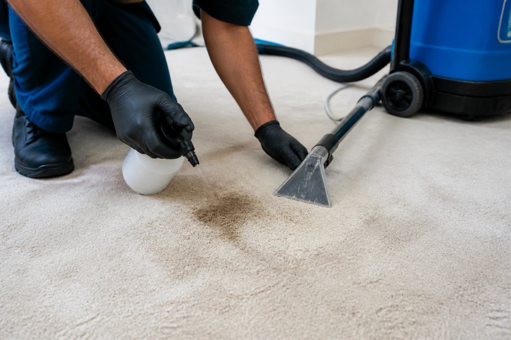 Close-up of a professional technician treating a pet stain on light-colored carpet with specialized cleaning solution, using a detail tool and extraction wand to target the affected area