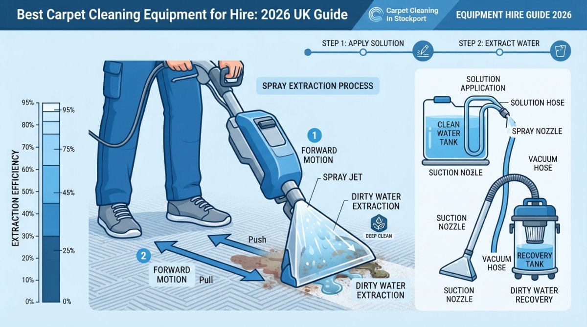 Close-up of someone using a spray extraction carpet cleaner on a heavily stained carpet, showing the back-and-forth motion with the machine's nozzle extracting dirty water into the recovery tank