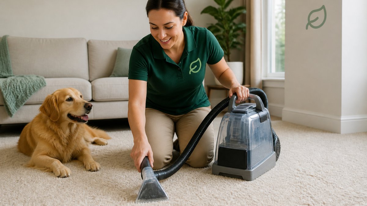 A pet owner kneeling on a light-colored carpet next to a carpet cleaning machine, with a dog watching nearby in a bright living room