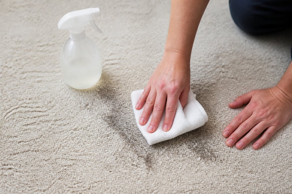 Close-up of a person's hands pressing a white cloth firmly onto a visible pet stain on a light-colored carpet, with a spray bottle of cleaning solution resting nearby on the carpet surface