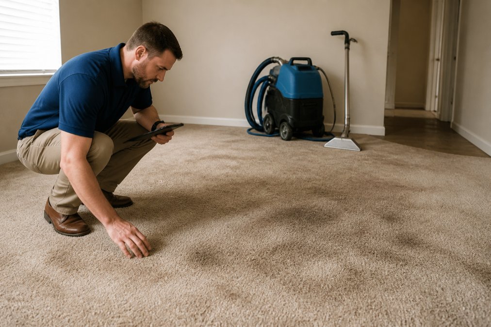 Property manager inspecting carpet condition in rental unit before tenant move-in, with professional steam cleaning equipment visible in background